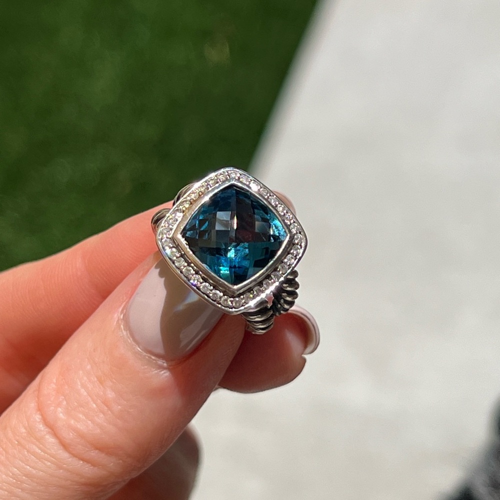 David Yurman Blue Topaz, Albion, sterling silver, pave diamonds ring Size 6